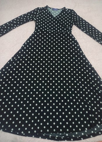 Uzun Kollu Siyah Puantiyeli Elbise - Görsel 3