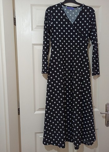 Uzun Kollu Siyah Puantiyeli Elbise - Görsel 4