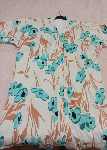 Turkuaz Çiçekli Uzun Bohem Kimono - Görsel 2