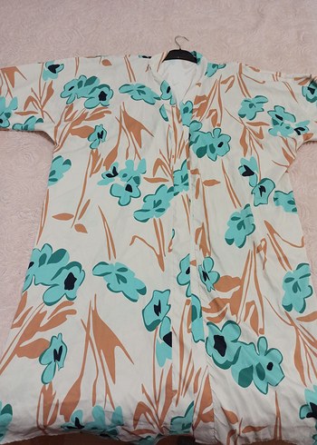 Turkuaz Çiçekli Uzun Bohem Kimono - Görsel 3