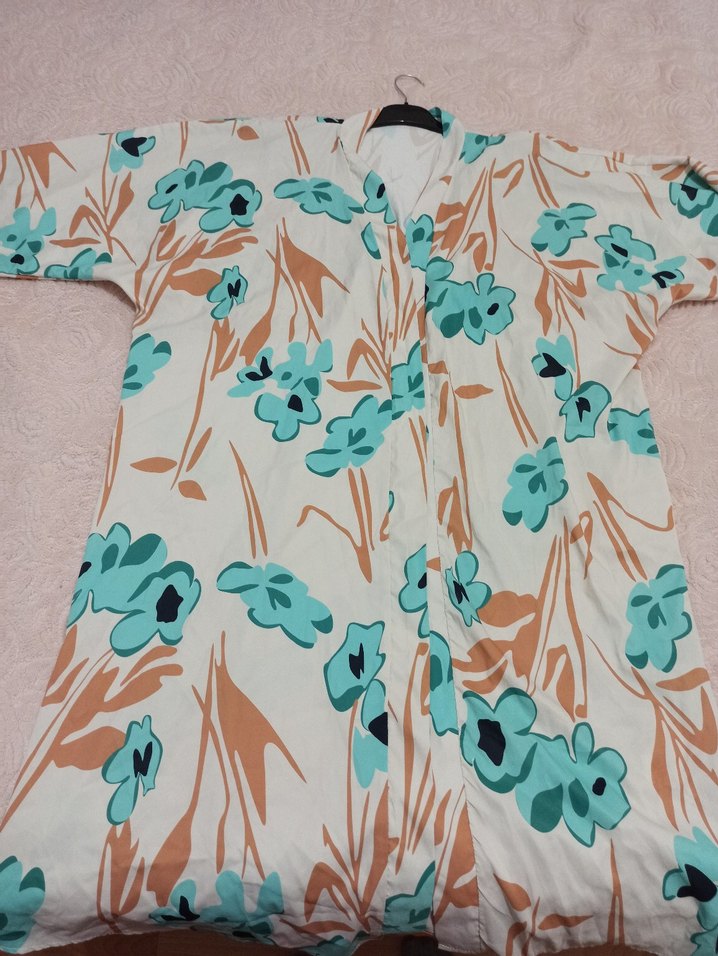 Turkuaz Çiçekli Uzun Bohem Kimono - Görsel 4