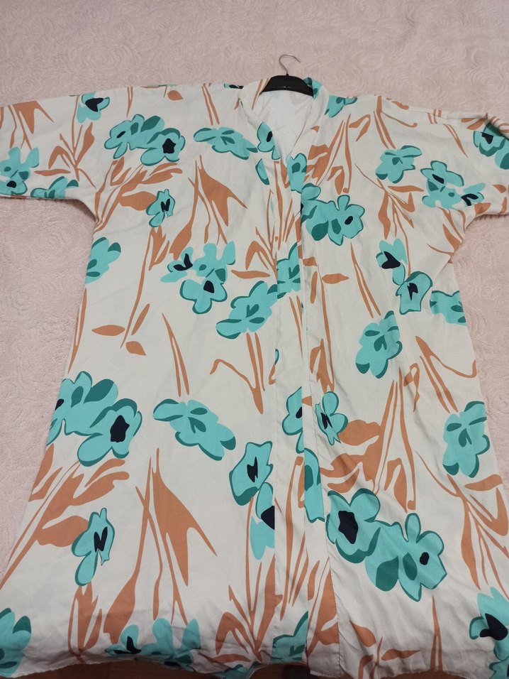 Turkuaz Çiçekli Uzun Bohem Kimono - Görsel 3