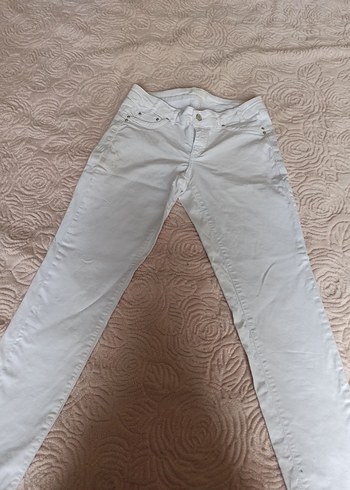 Beyaz Midi Kadın Pamuk kot Pantolon - Görsel 4