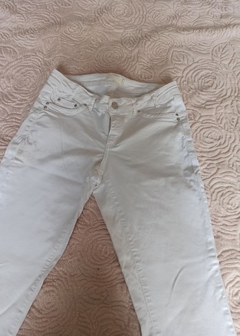 Beyaz Midi Kadın Pamuk kot Pantolon - Görsel 3