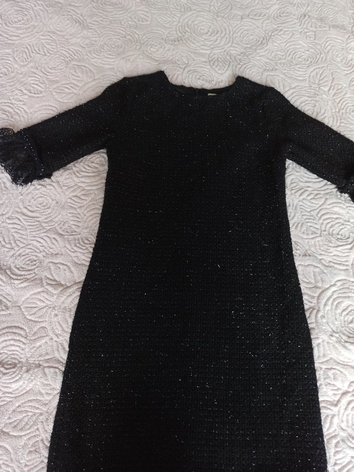 Siyah Triko Midi Elbise kısa  Kollu - Görsel 2