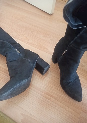 Siyah Süet Diz Üstü Fermuarlı Topuklu Çizme - Görsel 3