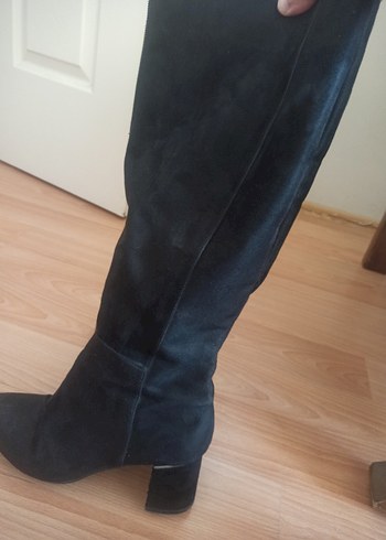 Siyah Süet Diz Üstü Fermuarlı Topuklu Çizme - Görsel 4