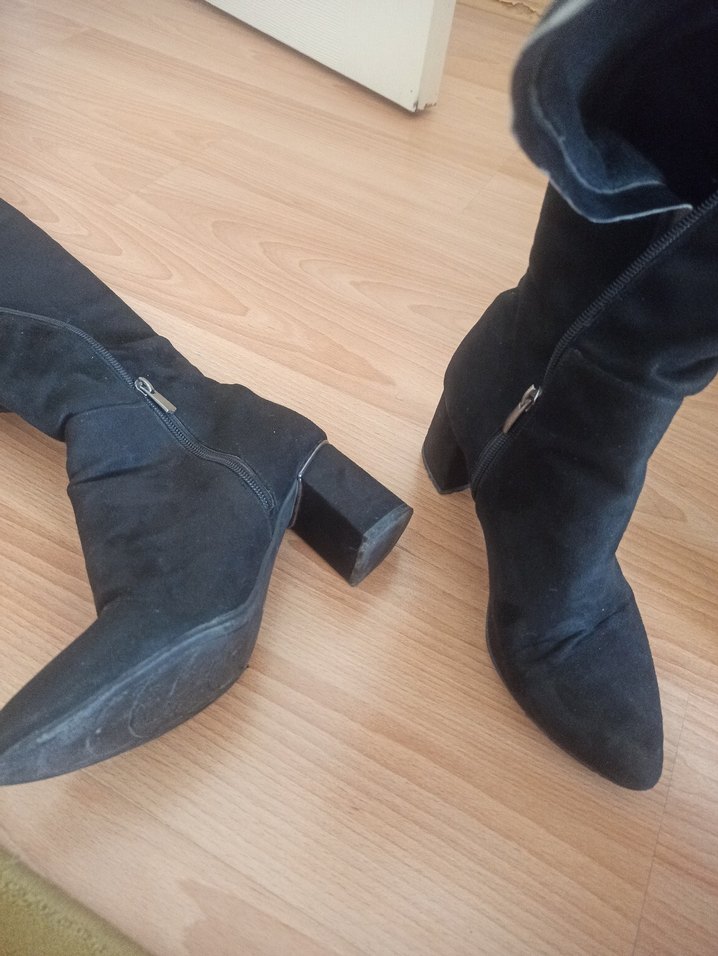 Siyah Süet Diz Üstü Fermuarlı Topuklu Çizme - Görsel 3