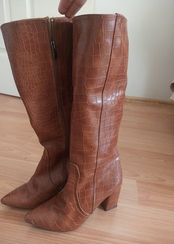 Parlak Kahverengi Deri Dizüstü Çizme - Görsel 2