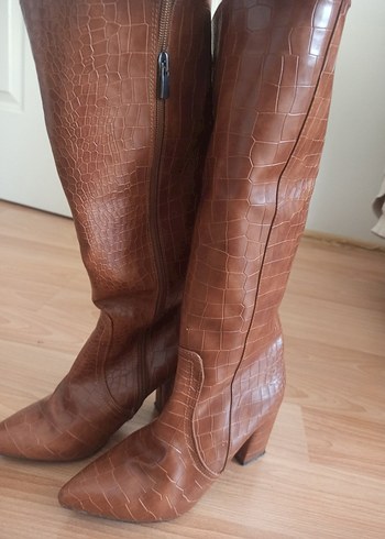 Parlak Kahverengi Deri Dizüstü Çizme - Görsel 4