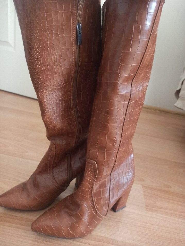 Parlak Kahverengi Deri Dizüstü Çizme - Görsel 4