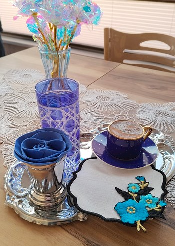 Mavi Çiçek İşlemeli Bohem Etamin Peçeteler - Görsel 7