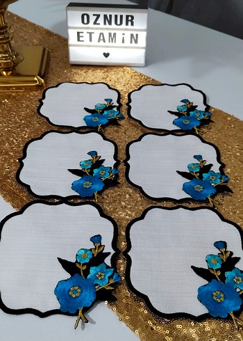 Mavi Çiçek İşlemeli Bohem Etamin Peçeteler - Görsel 4