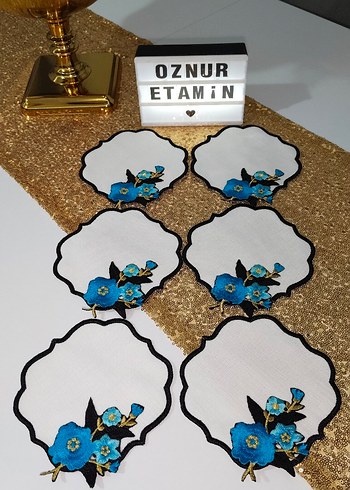 Mavi Çiçek İşlemeli Bohem Etamin Peçeteler - Görsel 5