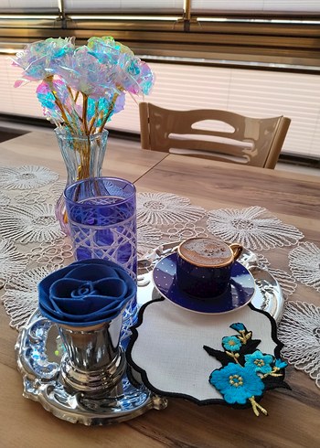 Mavi Çiçek İşlemeli Bohem Etamin Peçeteler - Görsel 8