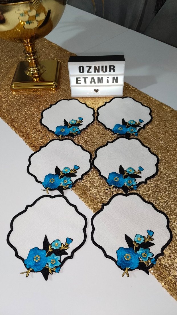 Mavi Çiçek İşlemeli Bohem Etamin Peçeteler - Görsel 5