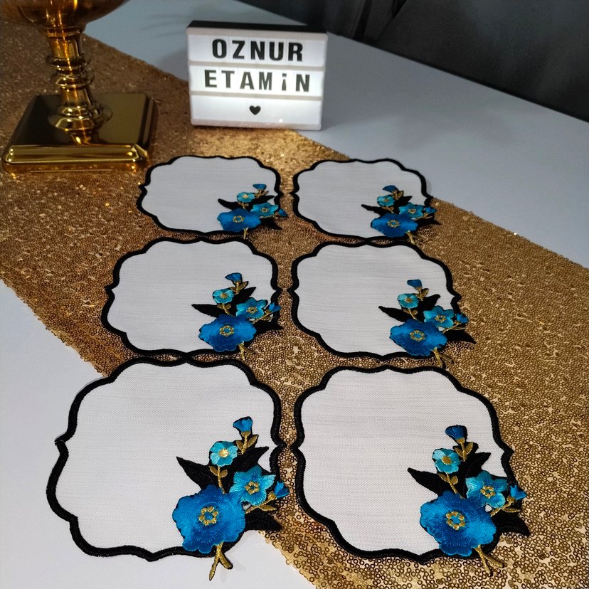 Mavi Çiçek İşlemeli Bohem Etamin Peçeteler - Görsel 2