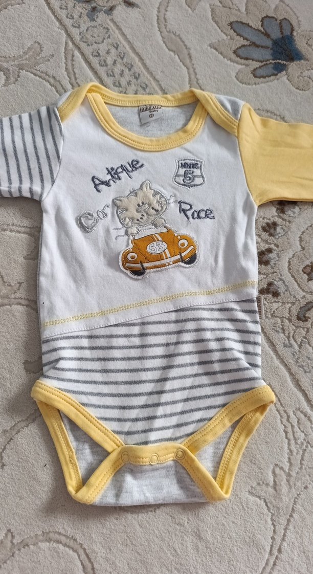 Sarı Gri Baskılı Uzun Kollu Bebek Body - Görsel 2