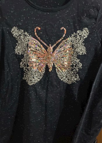 Kelebek Baskılı Simli Uzun Kollu Kız Tişörtü - Görsel 2