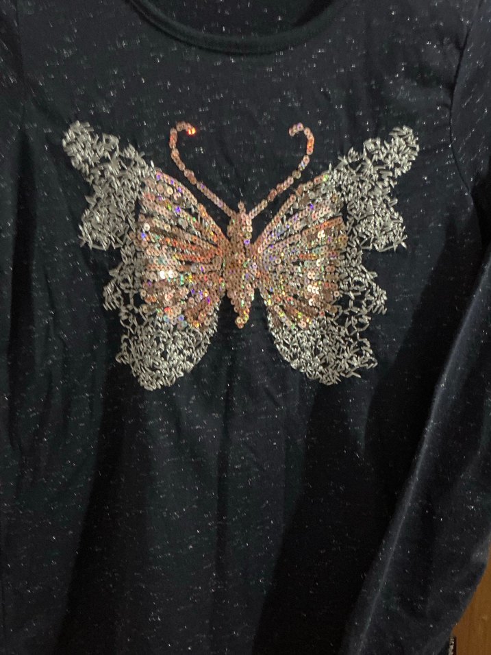 Kelebek Baskılı Simli Uzun Kollu Kız Tişörtü - Görsel 2