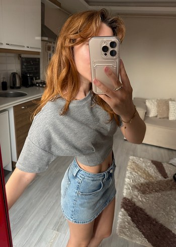 s Beden gri Renk Oxxo Gri Crop Top Bluz