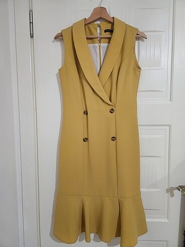 Chima düğmeli elbise kruvaze sarı