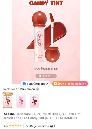 Missha A'pieu Candy Tint No.03 Persimmon Kırmızı Ruj