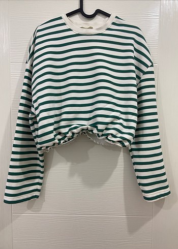 Yeşil Çizgili Kadın Pamuklu Sweatshirt - Görsel 4