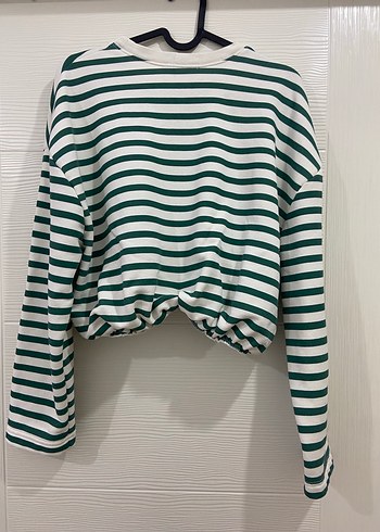 Yeşil Çizgili Kadın Pamuklu Sweatshirt - Görsel 3