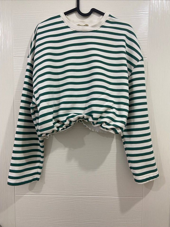 Yeşil Çizgili Kadın Pamuklu Sweatshirt - Görsel 4