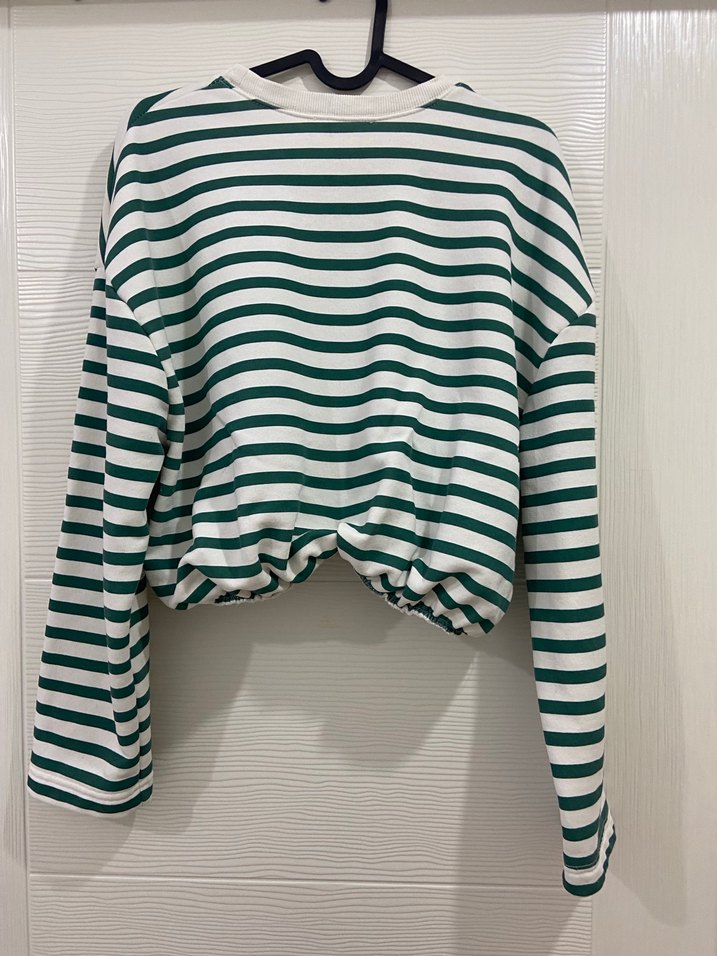 Yeşil Çizgili Kadın Pamuklu Sweatshirt - Görsel 3