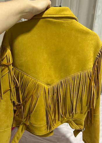 Sarı Süet Kısa Püsküllü Kadın Deri Ceket - Görsel 6