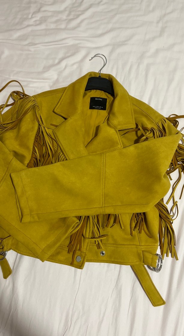 Sarı Süet Kısa Püsküllü Kadın Deri Ceket - Görsel 3