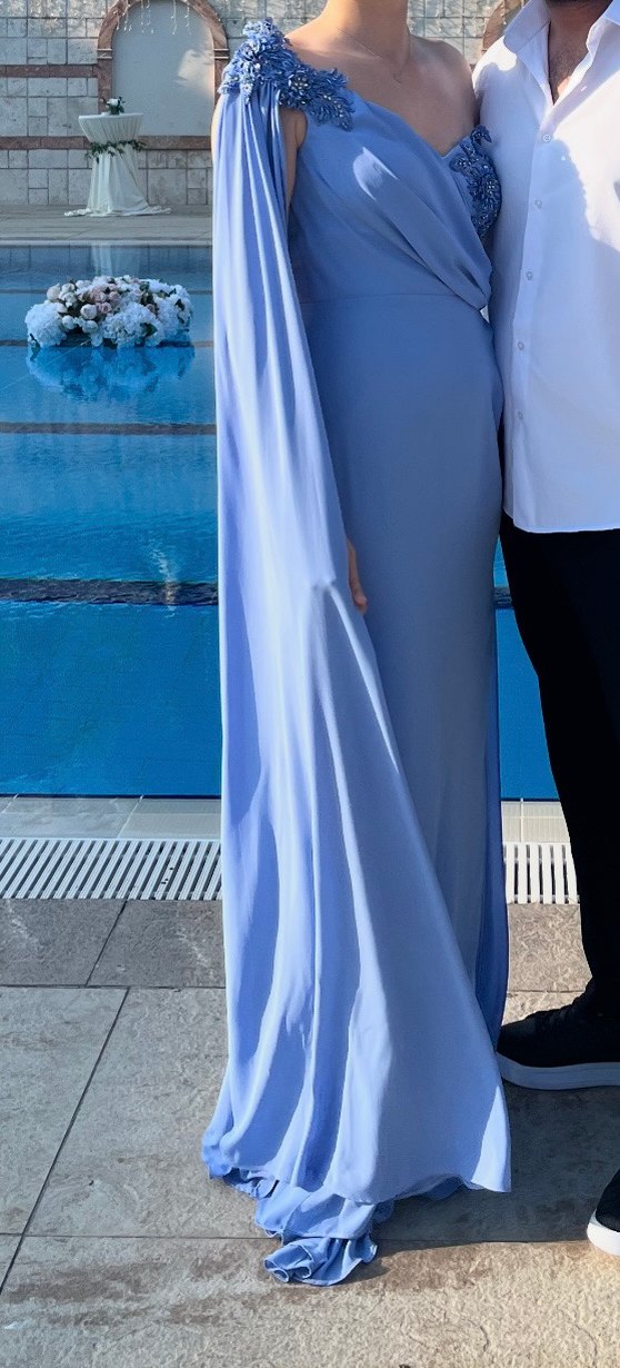 Drapeli Tek Omuz Mavi Uzun Abiye Elbise - Görsel 3