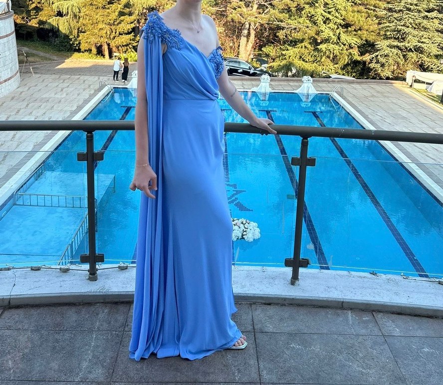 Drapeli Tek Omuz Mavi Uzun Abiye Elbise - Görsel 2