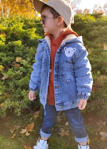 Ayıcık Nakışlı İçi Kürklü Çocuk Kot Mont - Görsel 5