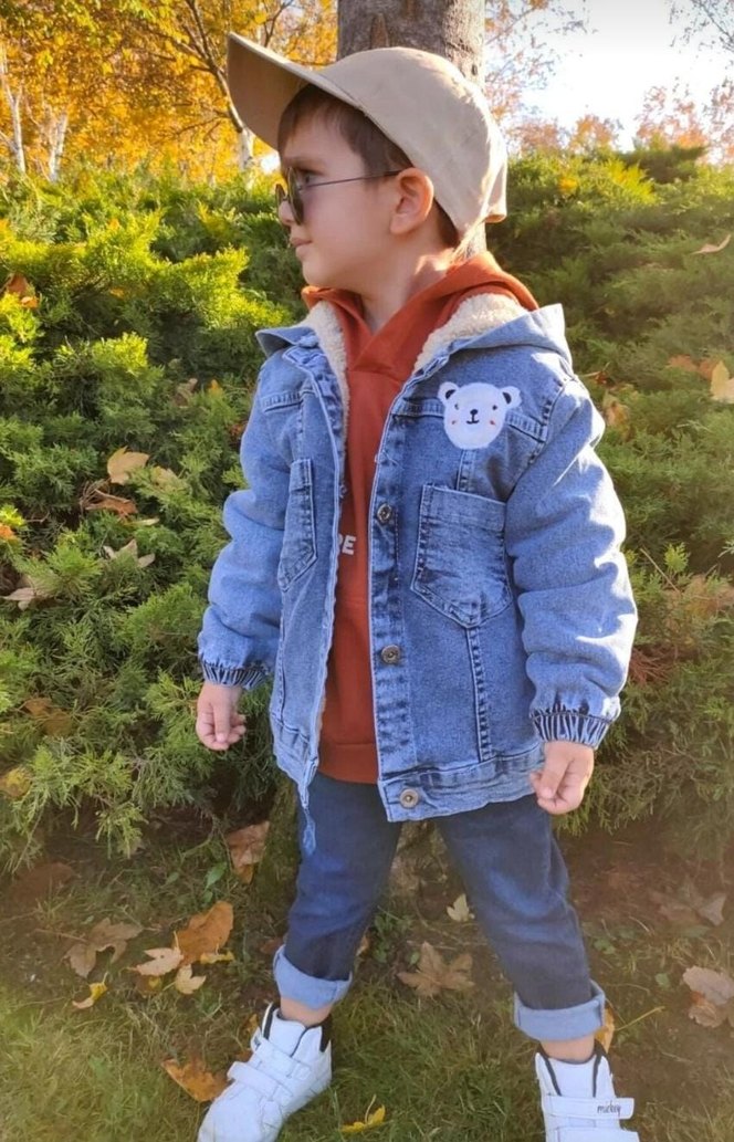 Ayıcık Nakışlı İçi Kürklü Çocuk Kot Mont - Görsel 2