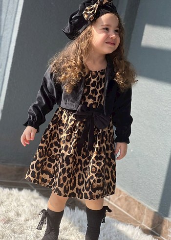 Kız Çocuk Ceketli Bereli Beli Fiyonklu Leopar Elbise - Görsel 6