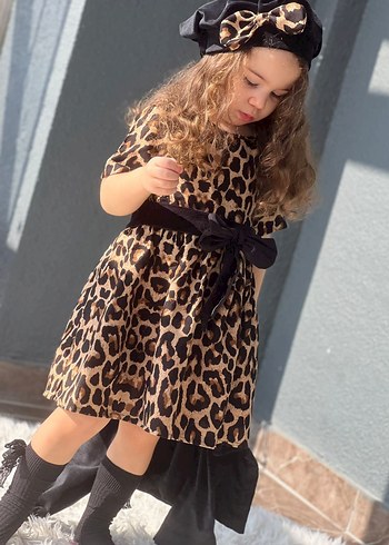 Kız Çocuk Ceketli Bereli Beli Fiyonklu Leopar Elbise - Görsel 2