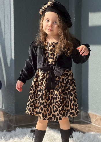 Kız Çocuk Ceketli Bereli Beli Fiyonklu Leopar Elbise - Görsel 3
