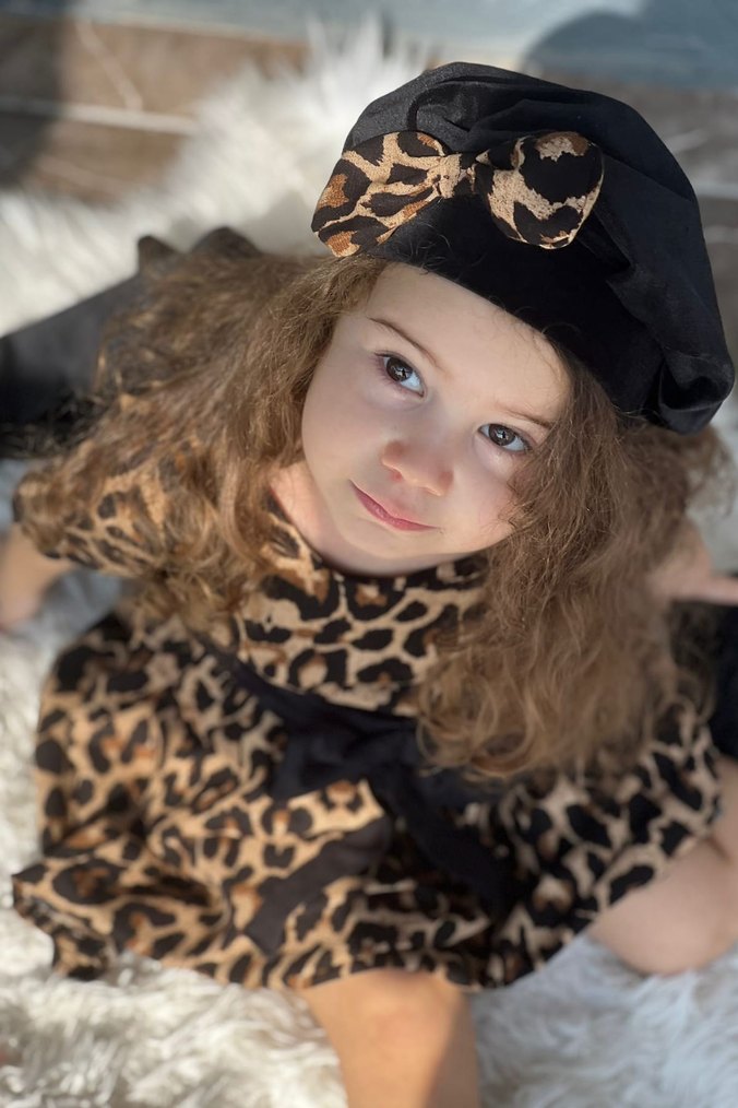 Kız Çocuk Ceketli Bereli Beli Fiyonklu Leopar Elbise - Görsel 5