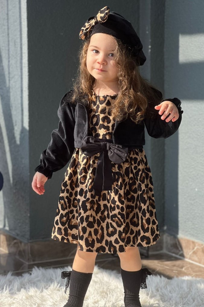 Kız Çocuk Ceketli Bereli Beli Fiyonklu Leopar Elbise - Görsel 3