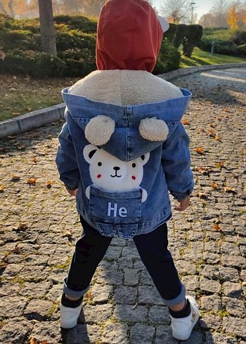 Ayıcık Nakışlı İçi Kürklü Çocuk Kot Mont - Görsel 4