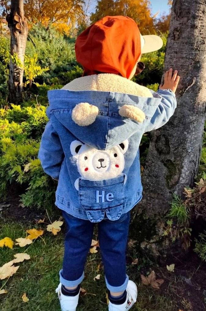 Ayıcık Nakışlı İçi Kürklü Çocuk Kot Mont - Görsel 3