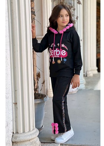 Kız Çocuk Siyah Kapüşonlu Barbie Baskılı Ponponlu Eşofman Takımı - Görsel 2