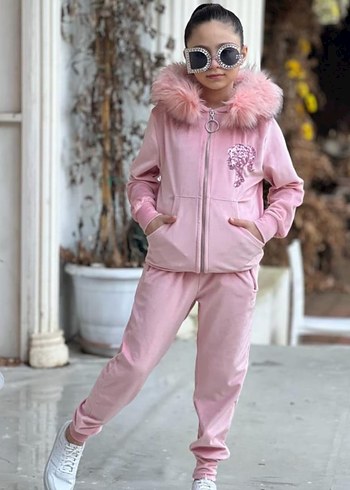Kızlar için Pembe Kapüşonlu Peluş Detaylı Kadife Eşofman Takımı - Görsel 3