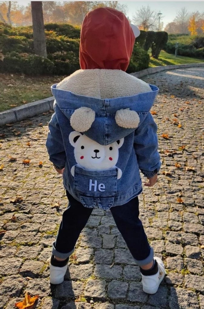 Ayıcık Nakışlı İçi Kürklü Çocuk Kot Mont - Görsel 4