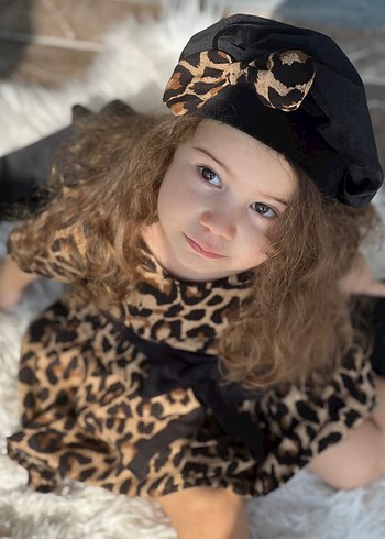 Kız Çocuk Ceketli Bereli Beli Fiyonklu Leopar Elbise - Görsel 5