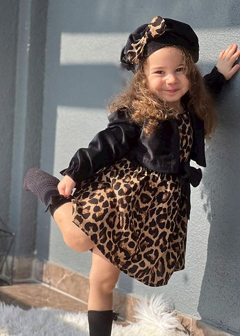 Kız Çocuk Ceketli Bereli Beli Fiyonklu Leopar Elbise - Görsel 4