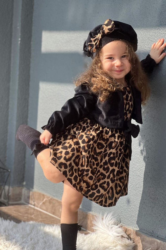 Kız Çocuk Ceketli Bereli Beli Fiyonklu Leopar Elbise - Görsel 4